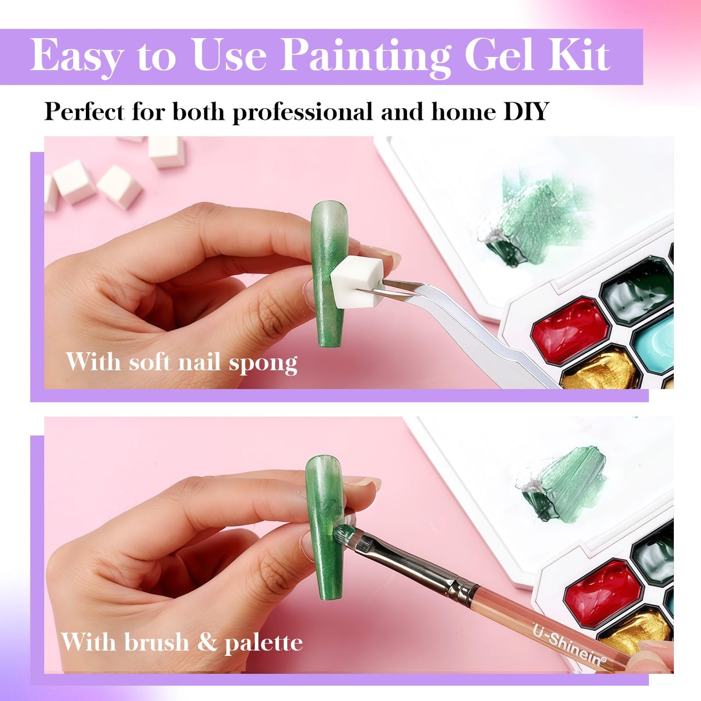 U-Shinein 24 Colors Gradient Nail Gel Palette, Hema＆TPO Free Bright Glitter Gold&Silver Pearlescent Ombre Gel Nail for Pigment Painting Pat Nails Gel, Perfect with Salon Pro DIY Home Nail Art (A)