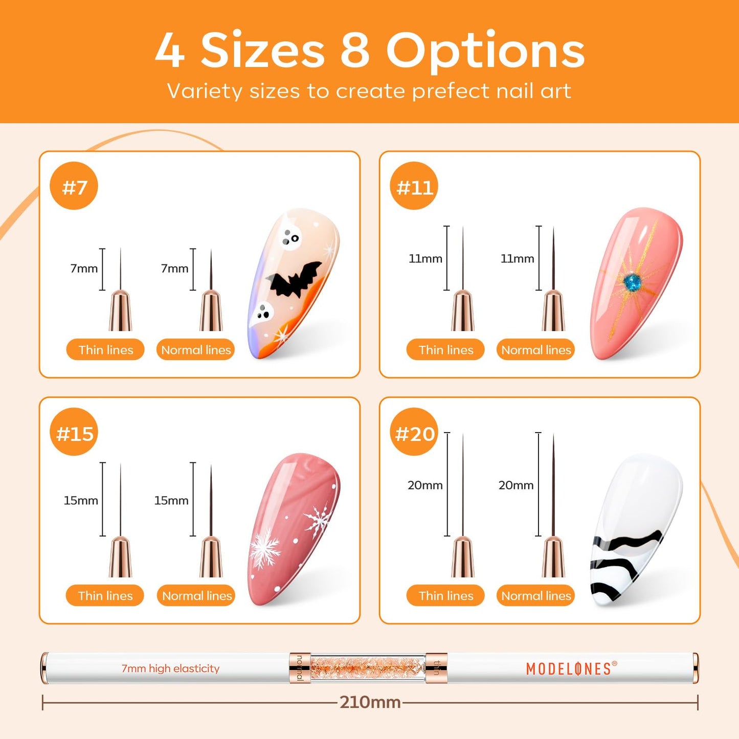 modelones Thin Liner Nail art Brushes with Gel Top and Base Coat for Nail Gel Polish Designs with Arylic Rhinedtone Handle