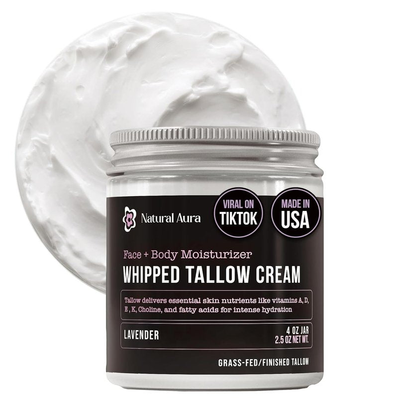 Whipped Beef Tallow Moisturizer - Natural Face & Body Balm | 100% Grass Fed Tallow & Honey - 4oz Lavender