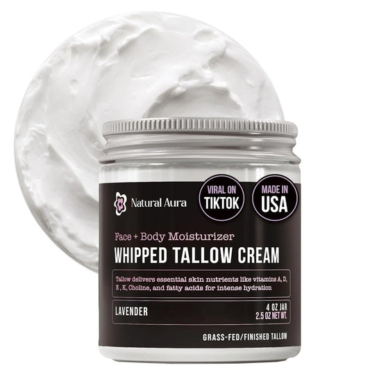 Whipped Beef Tallow Moisturizer - Natural Face & Body Balm | 100% Grass Fed Tallow & Honey - 4oz Lavender
