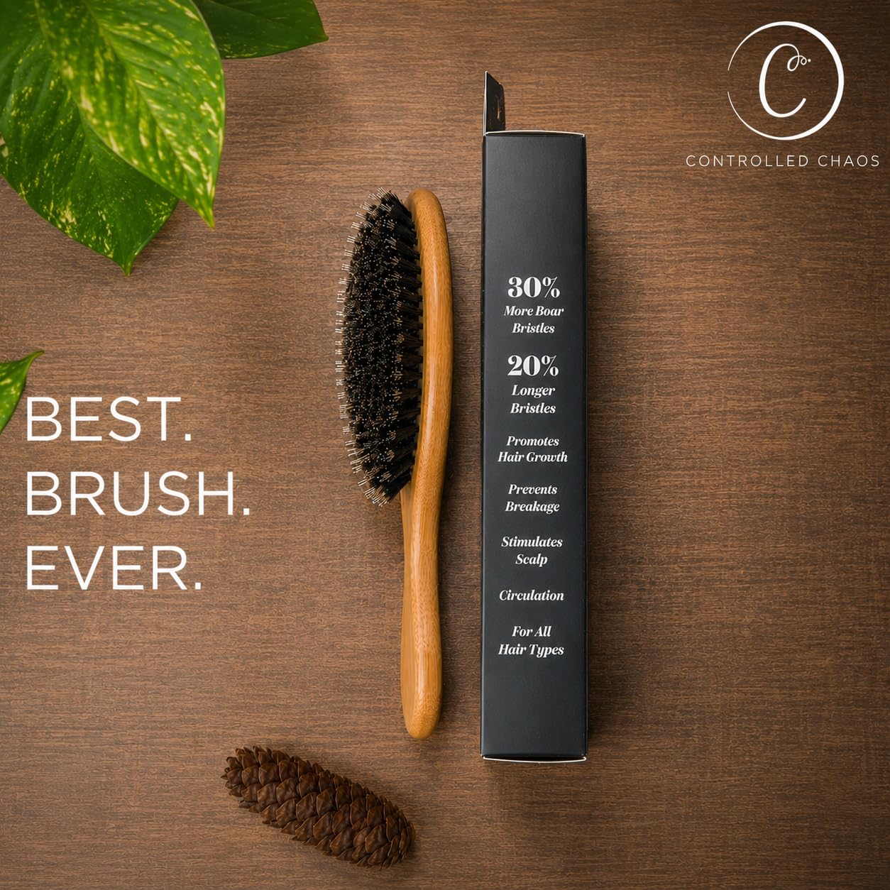 Controlled Chaos Boar + Nylon Bristle Hair Brush–Wooden Bamboo Hair Brush for Women & Men, Detangling Brush for Any Hair Type