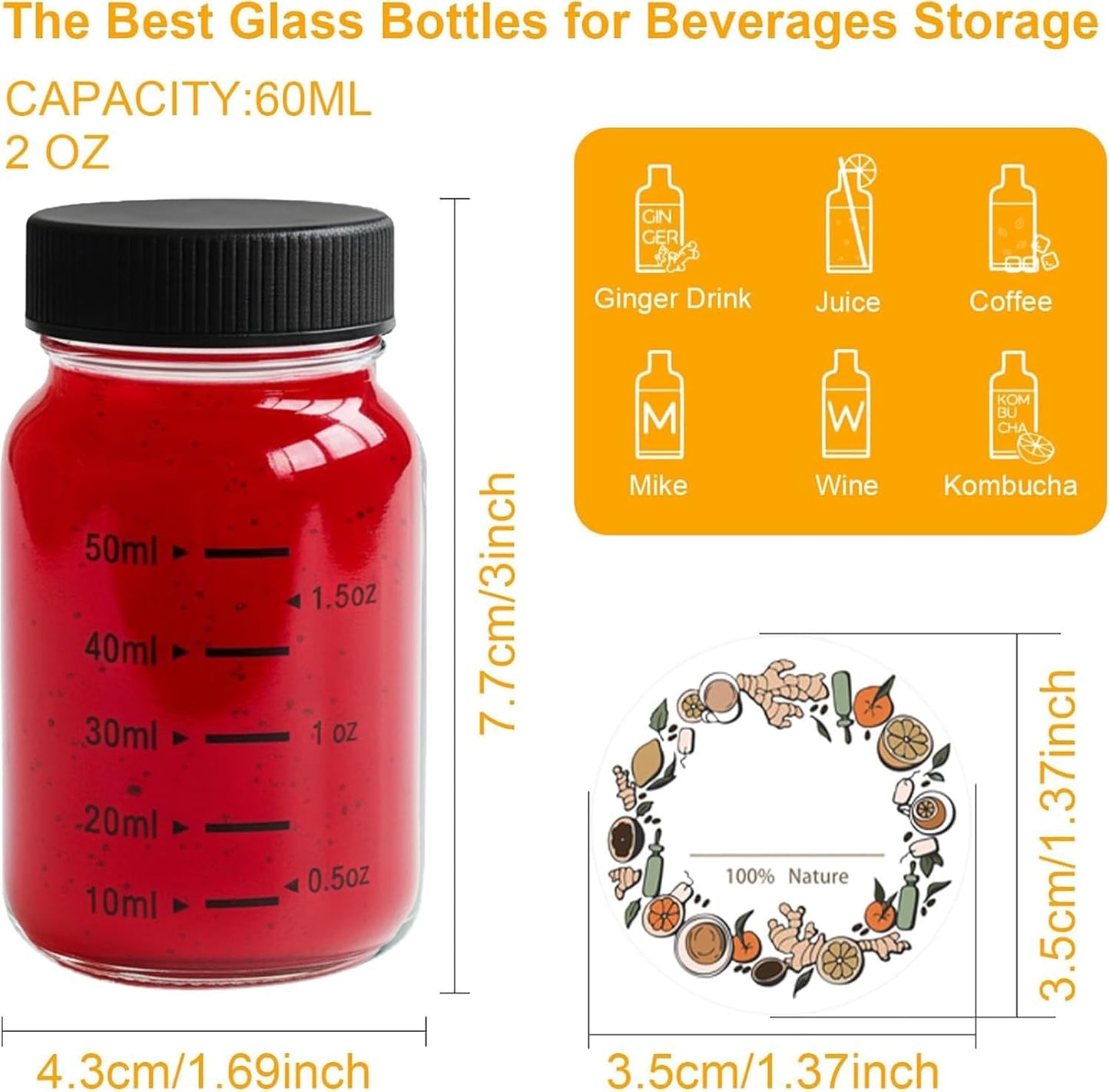 **16 Pack 2oz Glass Shot Bottles - Leakproof Mini Jars with Black Caps for Juicing & Party Favors | ml & oz Scale**