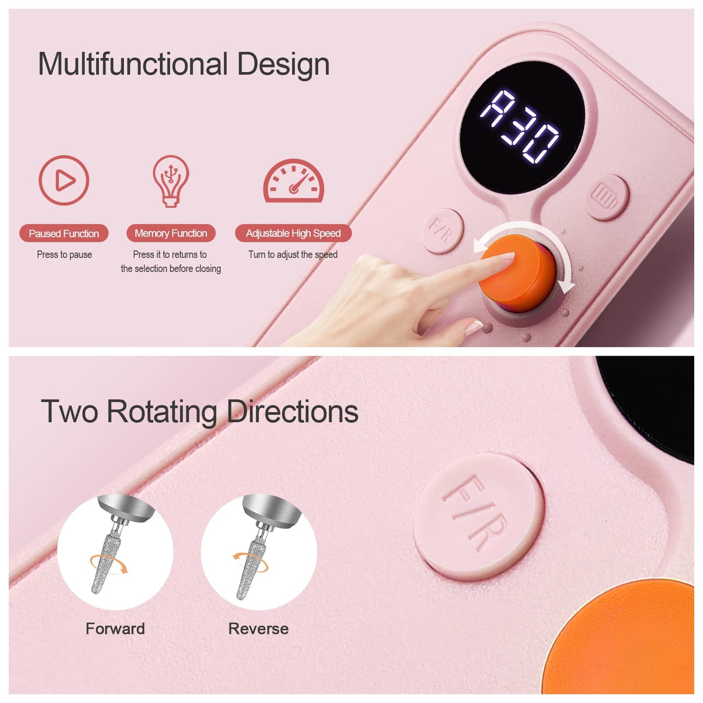 Professional Portable Nail Drill, 30000RPM Rechargeable Electric Nail File Machine Cordless E File Machine Set for Acrylic Nails for Remove Gel Polish Nail for Home & Salon Use,Pink
