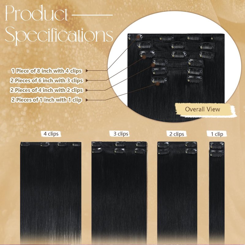 Clip in Hair Extensions Real Human Hair 12 Inches 7pcs Jet Black Human Hair Extensions 75g #1 Human Hair Clip Ins for Black Women Straight Soft 100% Natural Human Hair
