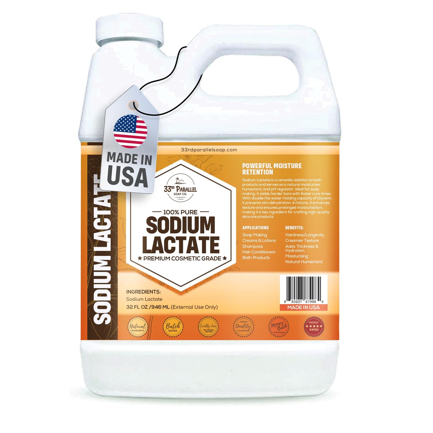 SODIUM LACTATE (32 oz) for Soap Making & Lotions, Premium Sodium Lactate Liquid, 60% Concentration, Cosmetic Grade, Moisturize Anti-Aging, Makes Soap Harder | 32 FL OZ
