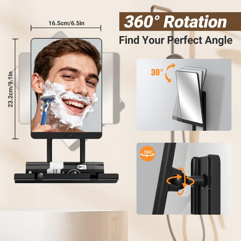 Toollygozz Heated Fogless Shower Mirror for Shaving, 5000mAh Long-Lasting Anti-Fog Shower Mirror with 360° Rotating Design & Razor Holder, Fog-Free Shaving Mirror for Men (Black)