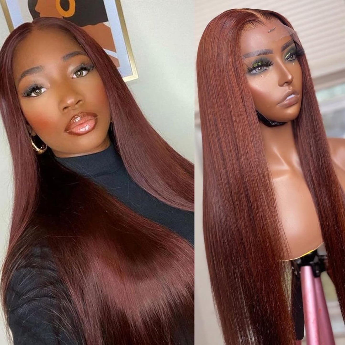 Glueless Synthetic Lace Front Wig - Long Straight Reddish Brown | Heat Resistant Hair Replacement for Women