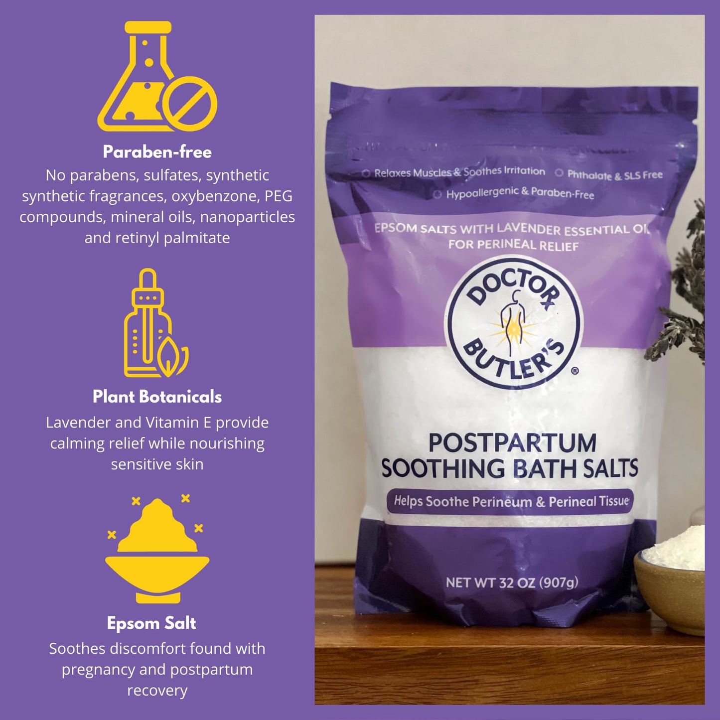 Doctor Butler’s Postpartum Soothing Bath Salts – Epsom Bath Salts for Women for Postpartum Recovery, Hemorrhoids, Discomfort, and Helps Soothe Perineum and Perineal Tissues After Birth (32 oz.)