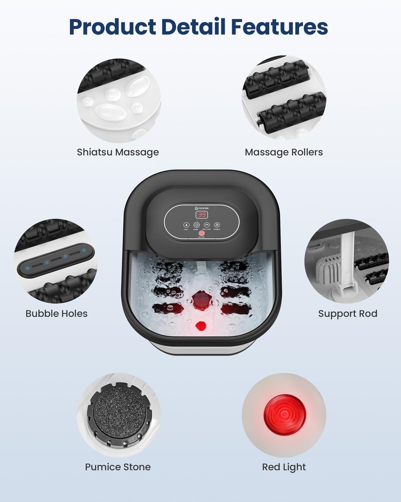 COMFIER Collapsible Foot Spa Bath Massager with Heat, Pedicure Foot Spa with Bubbles, Red Light, Pumice Stone and Shiatsu Massage Rollers, Heated Bath Spa for Relaxation and Stress Relief