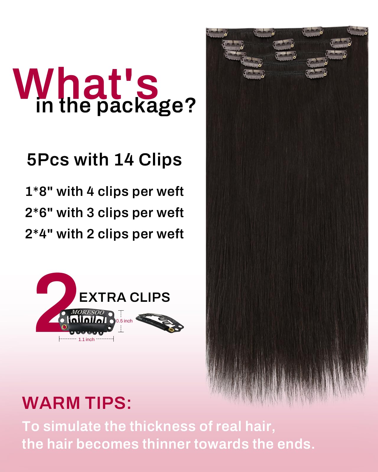 Moresoo Short Human Hair Clip in Extensions Brown Double Weft 10 inch Clip in Hair Extensions for Women Dark Brown #2 5pcs 80g