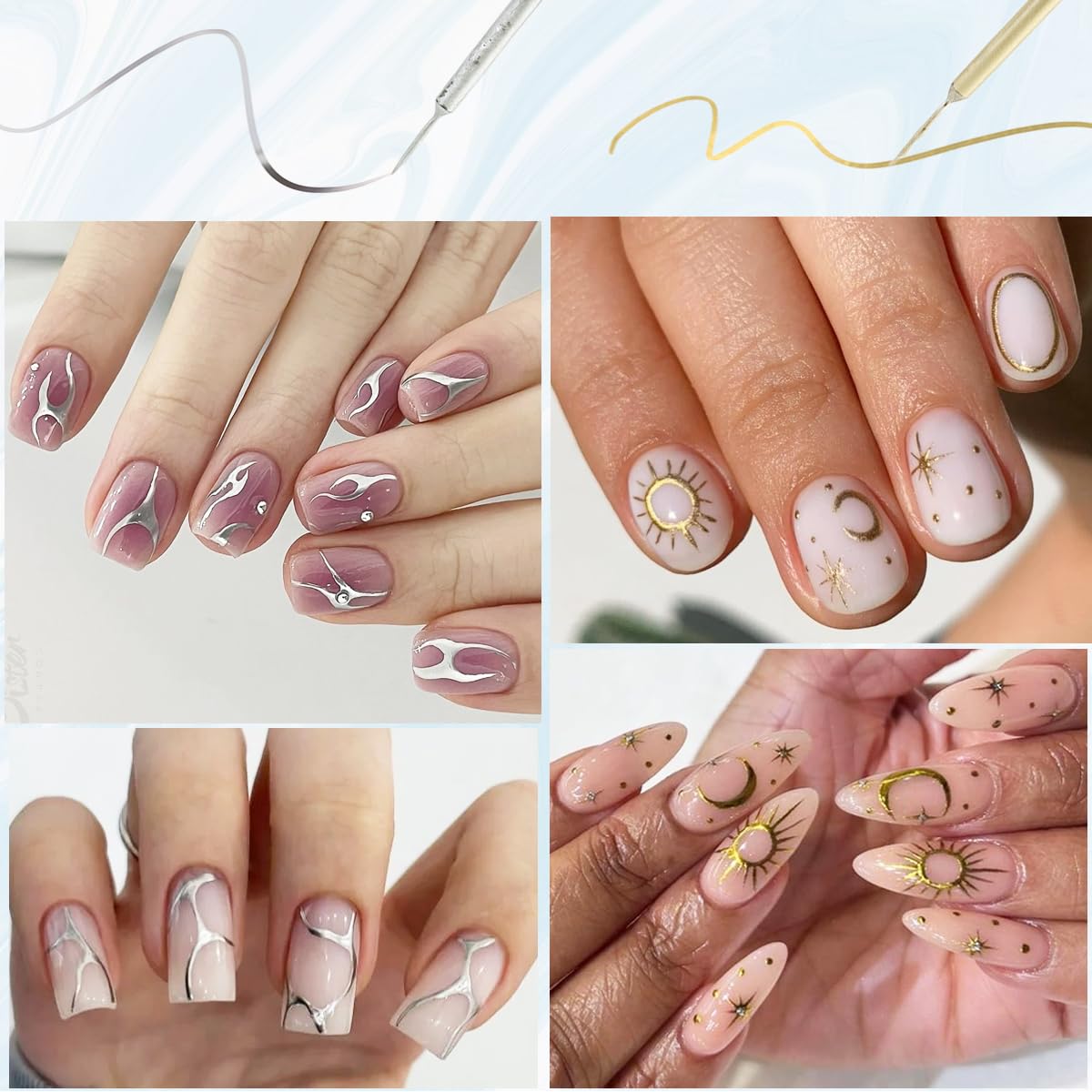 Fcozpjk Gold And Silver Gel Nail Polish 4PCS Metallic Liner Nail Art Polish Mirror Chrome Effect Metal Paint French Tips Wave Flower Dotting Drawing Nail Polish With Thin Brush