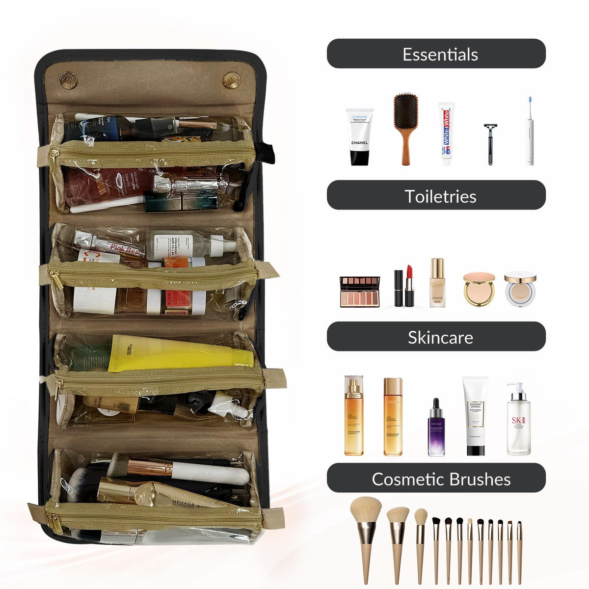YDR Travel Makeup Bag for Women, 4-in-1 Roll Up Toiletry Bag with 4 Detachable Clear Pouches, PU Leather Makeup Organizer Case with Top Handle for Brushes, Skincare, Cosmetics and Travel