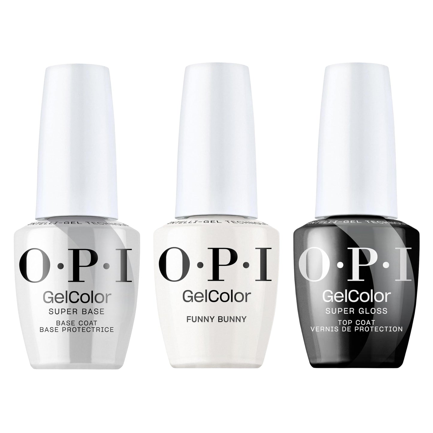 OPI GelColor Iconic Gel Nail Polish + System Bundle | Super Base Coat + Funny Bunny, Sheer Soft White Crème UV Cure Gel Polish + Super Gloss Top Coat