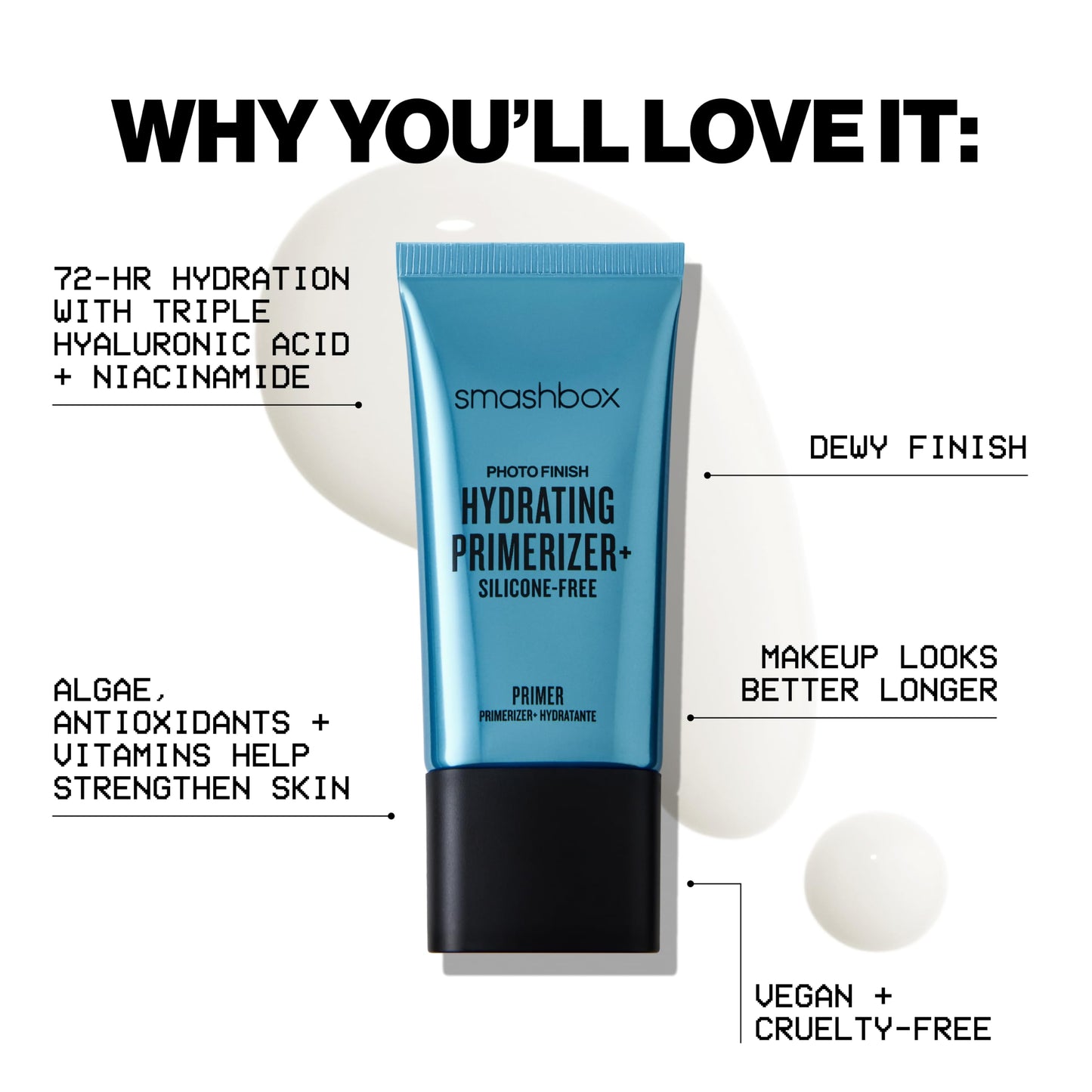 Smashbox Photo Finish Hydrating Primerizer | Triple Hyaluronic Acid and Niacinamide Makeup Primer for 72-Hour Hydration | Lightweight Silicone-Free Makeup Base for Dry Skin, 1.01 Fl Oz