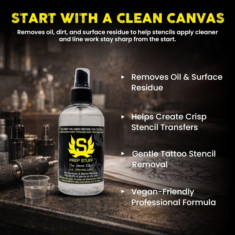 Stencil Stuff Prep Stuff Tattoo Prep Spray, 8oz Pre-Tattoo Skin Cleanser & Stencil Remover, Vegan-Friendly Tattoo Skin Prep Solution for Professional Artists, Removes Oil and Residue