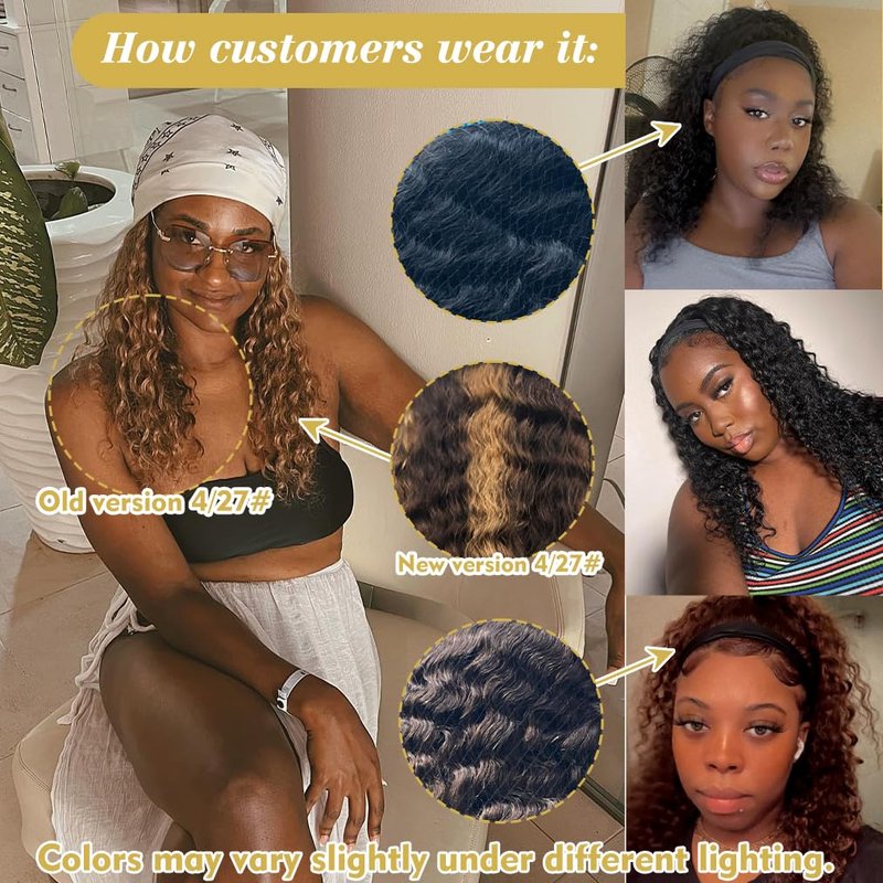 NICMISS Chocolate Brown Headband Wig Human Hair Deep Wave Human Hair Wigs for Black Women 12 Inch Curly Headband Wig Glueless None Lace Front Brazilian Virgin Hair Wear and Go 150% Density