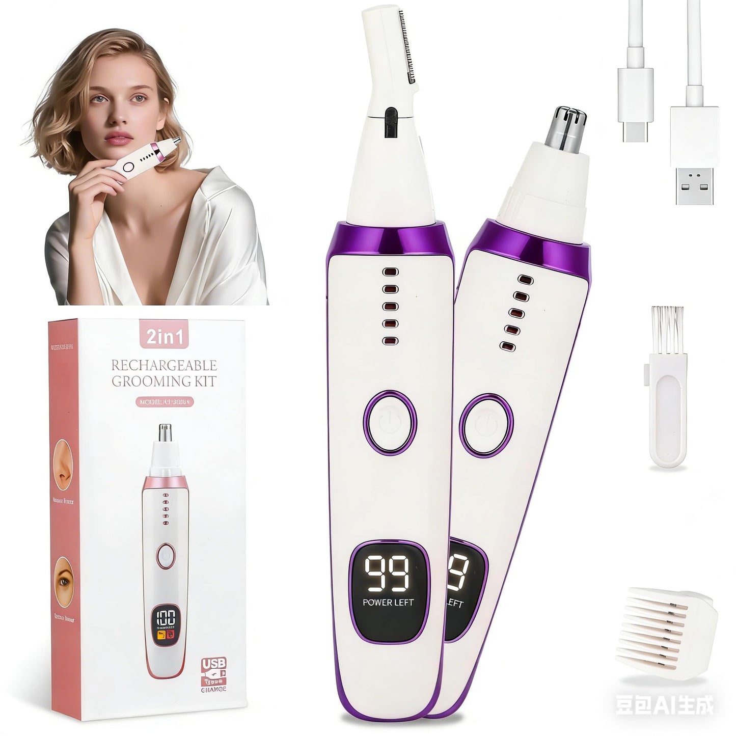 Mendaping 2025 Rechargeable Nose & Ear Hair Trimmer, Dual-Edge Blade Electric Clipper for Women Men, Facial & Eyebrow Hair Removal Tool, Powerful Motor, Painless, Easy to Clean (Purple)