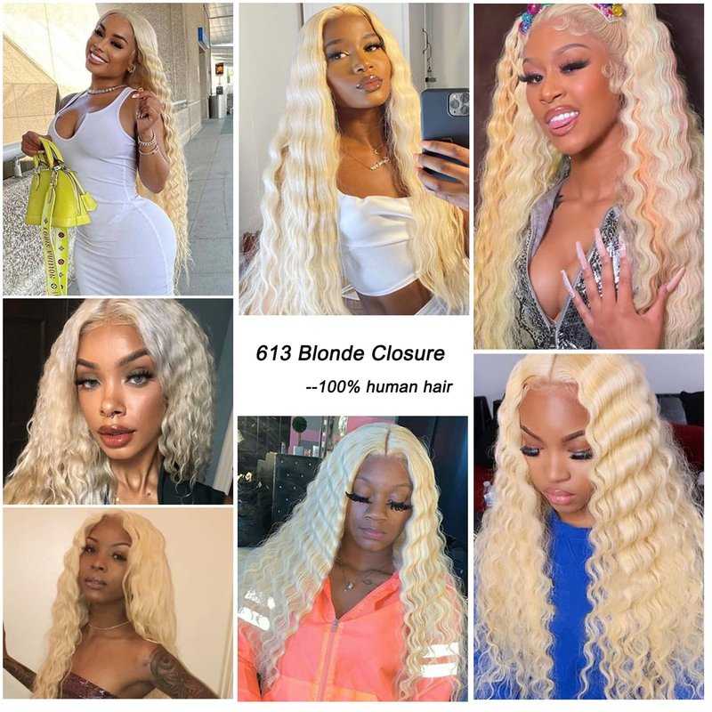 4x4 613 Lace Closure Deep Wave Human Hair Blonde Deep Wave Closure Pre Plucked Transparent Lace Free Part with Baby Hair For Women Natural Hairline 14 Inch