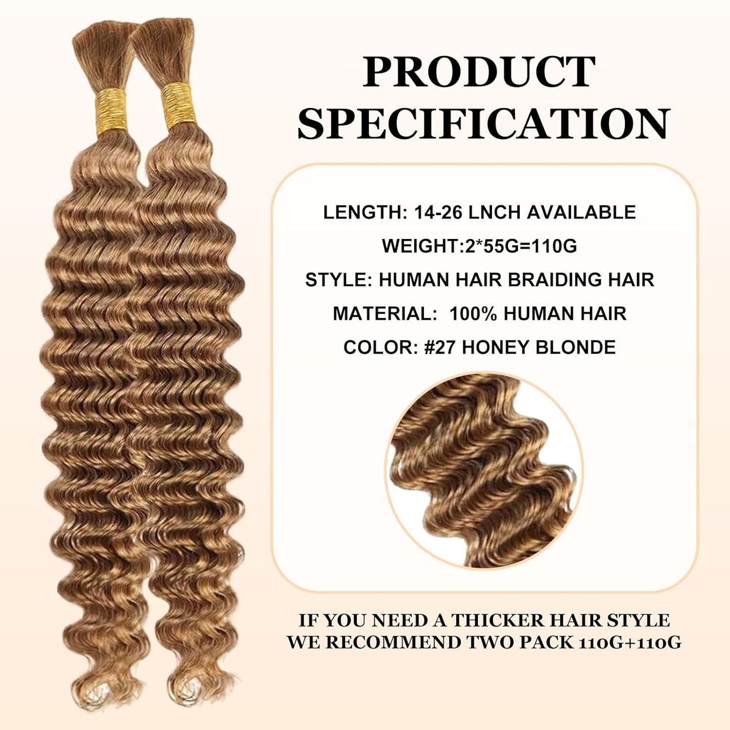 Blonde Human Braiding Hair - 24 Inch Deep Wave Bulk 100% Brazilian Virgin Hair for Boho Knotless Braids | 2 Bundles, 110g
