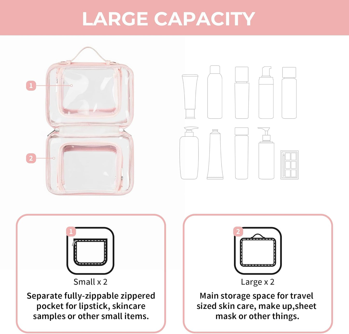 TSA Approved Clear Toiletry Bag - Portable PVC Travel Makeup Organizer | Pink