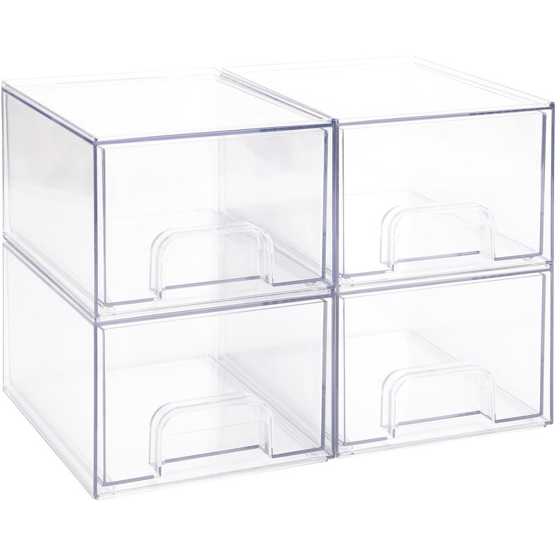 Sea Team 4-Pack Clear Makeup Organizer with Drawers, Acrylic Plastic Cosmetic Display Case, Jewelry Storage Box, Holder for Dresser, Bathroom, Vanity, Kitchen Cabinets, Pantry, Countertop