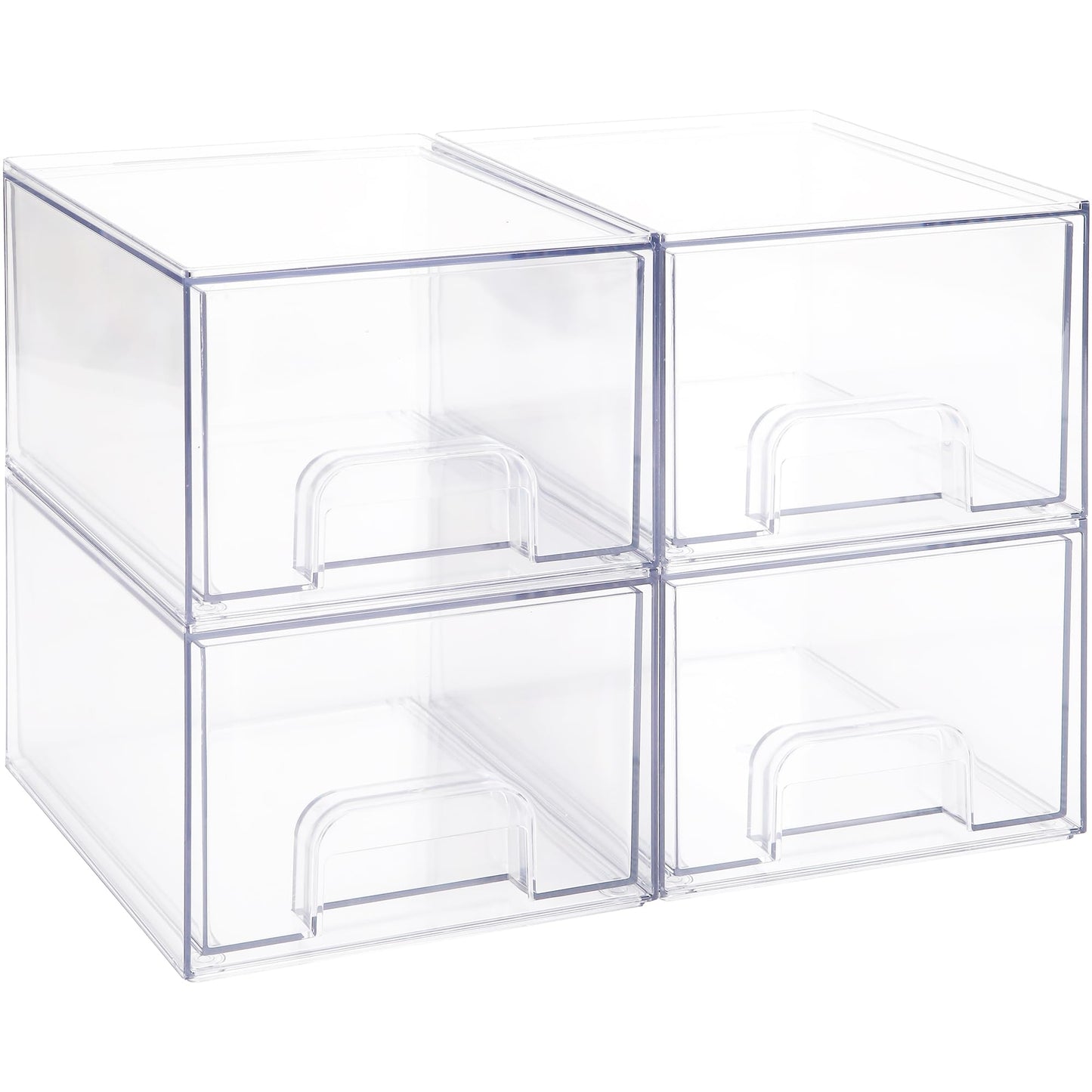 Sea Team 4-Pack Clear Makeup Organizer with Drawers, Acrylic Plastic Cosmetic Display Case, Jewelry Storage Box, Holder for Dresser, Bathroom, Vanity, Kitchen Cabinets, Pantry, Countertop