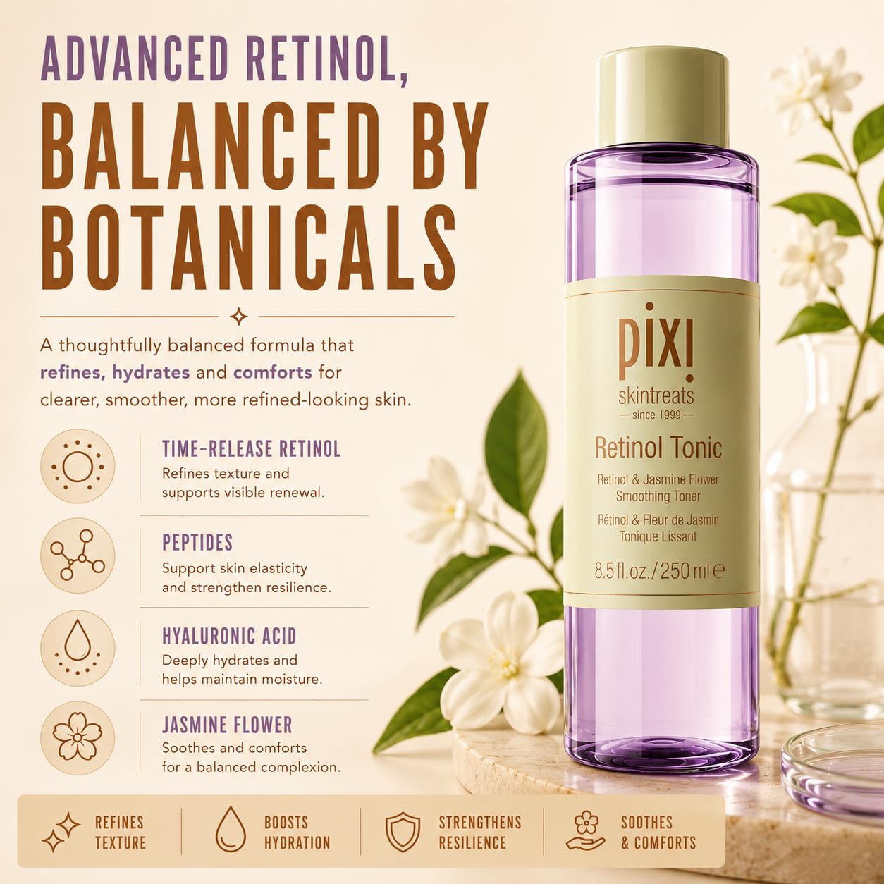 Pixi Retinol Tonic, Smoothing & Firming Facial Toner | Oil Control | Enhanced with Peptides to Boost Collagen Production | Alcohol-Free Daily Rejuvenating Toner, 250 ml / 8.5 fl oz