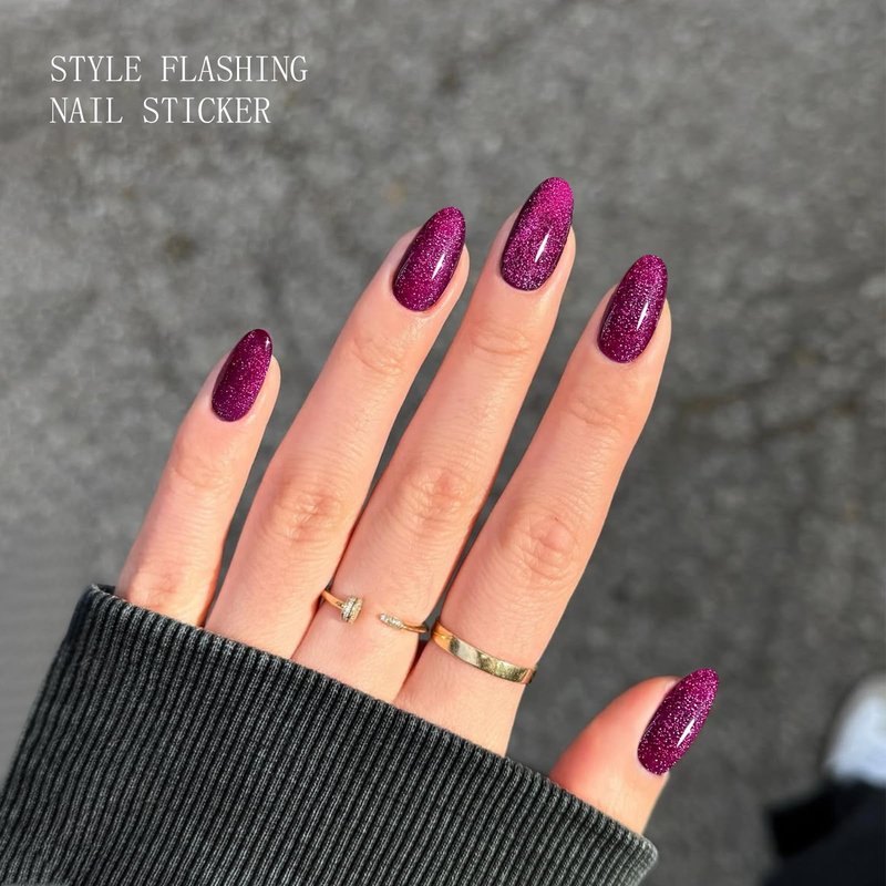 JMEOWIO Gel Nail Stickers Purple Red Glitter Cat Eyes Semi Cured Gel Nail Strips Wraps UV/LED Nails Art Design Decoration Accessories