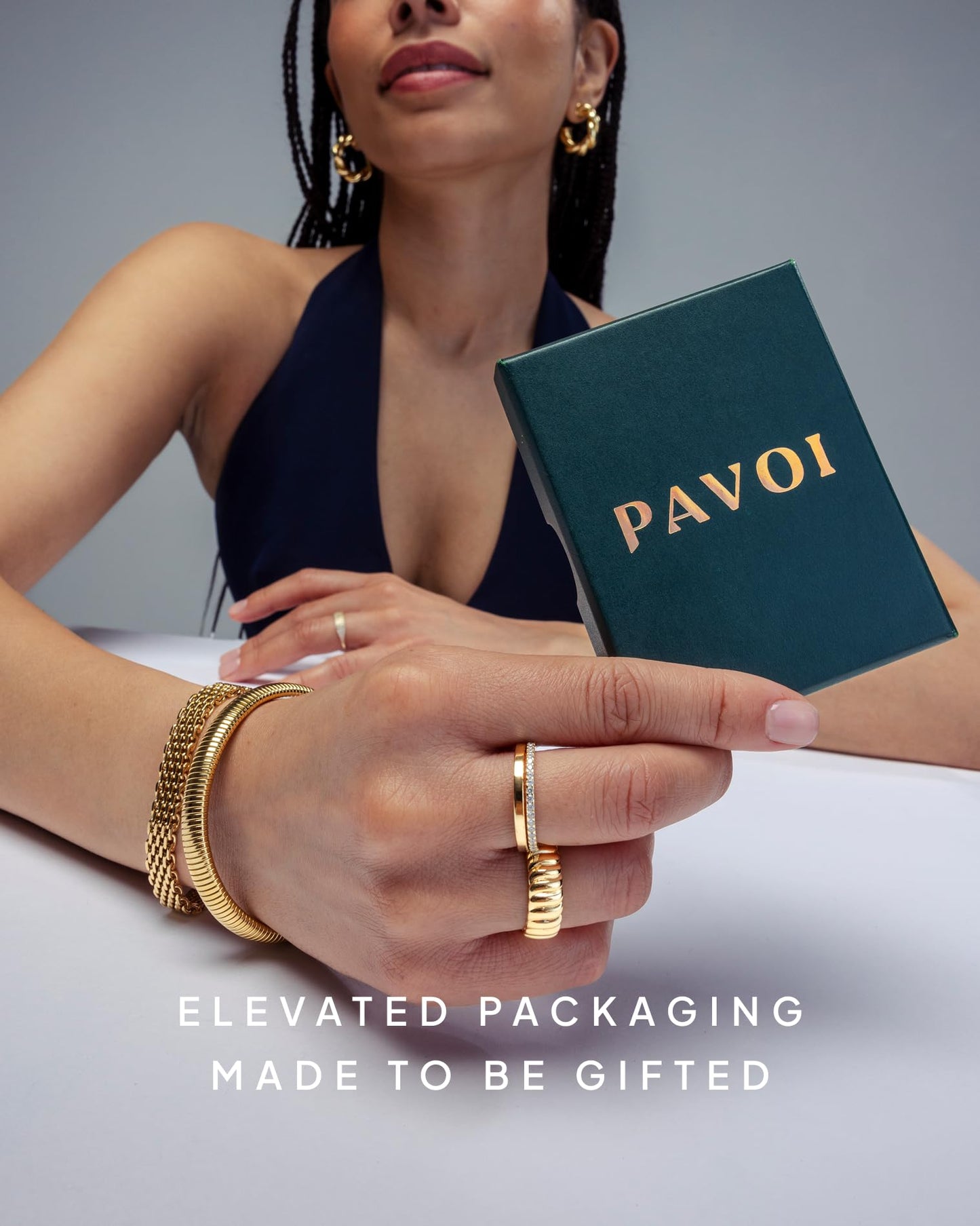 PAVOI 14K Yellow Gold Plated Chunky Statement Ring for Women | Minimalist Stainless Steel Hypoallergenic Wide Wavy Stackable Rings | Size 9