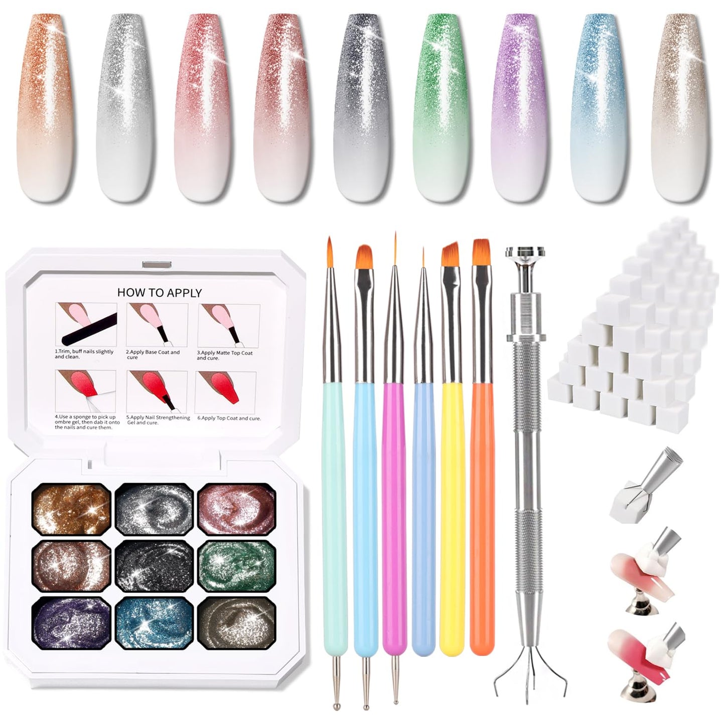 Ombre Nail Gel Set - 9 Colors Sponge Pat Paint for Floral Nail Art, No Wipe, UV/LED Curing