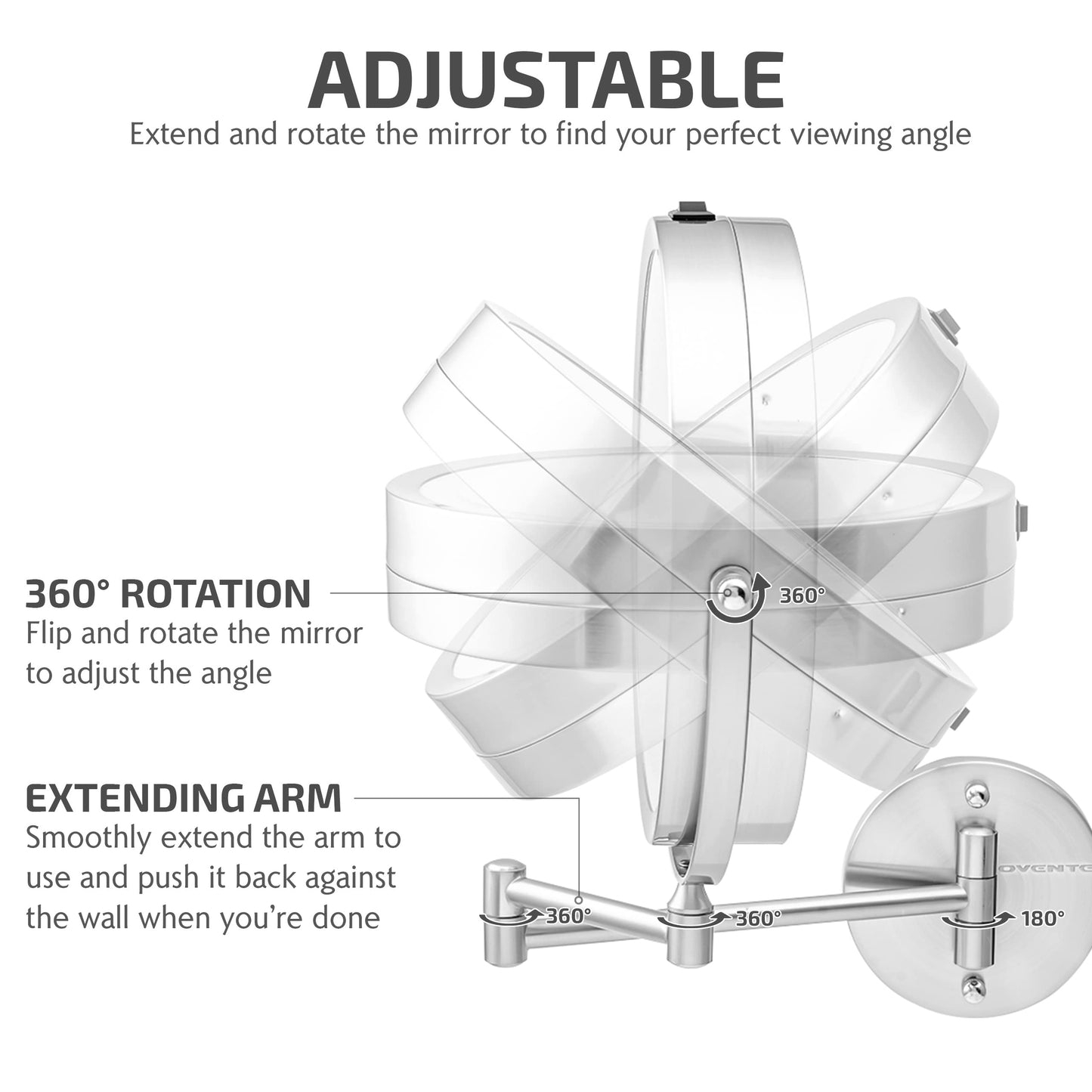 OVENTE Wall Mounted Lighted Makeup Mirror, 9" Double Sided 1X/7X Magnifying Vanity Mirror for Bathroom with LED Lights, Cordless, 360° Rotation and 13" Extendable Arm, Nickel Brushed MFW85BR1X7X