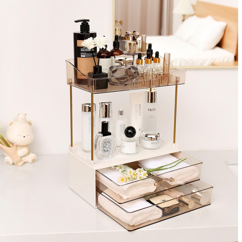 2-Tier 2-Drawer Bathroom Countertop Organizer, Multi-Purpose Makeup Organizer for Vanity, Large Skincare Countertop Organizer, Cosmetic Display Case for Dresser, Elegant Gifts for Women, Clear