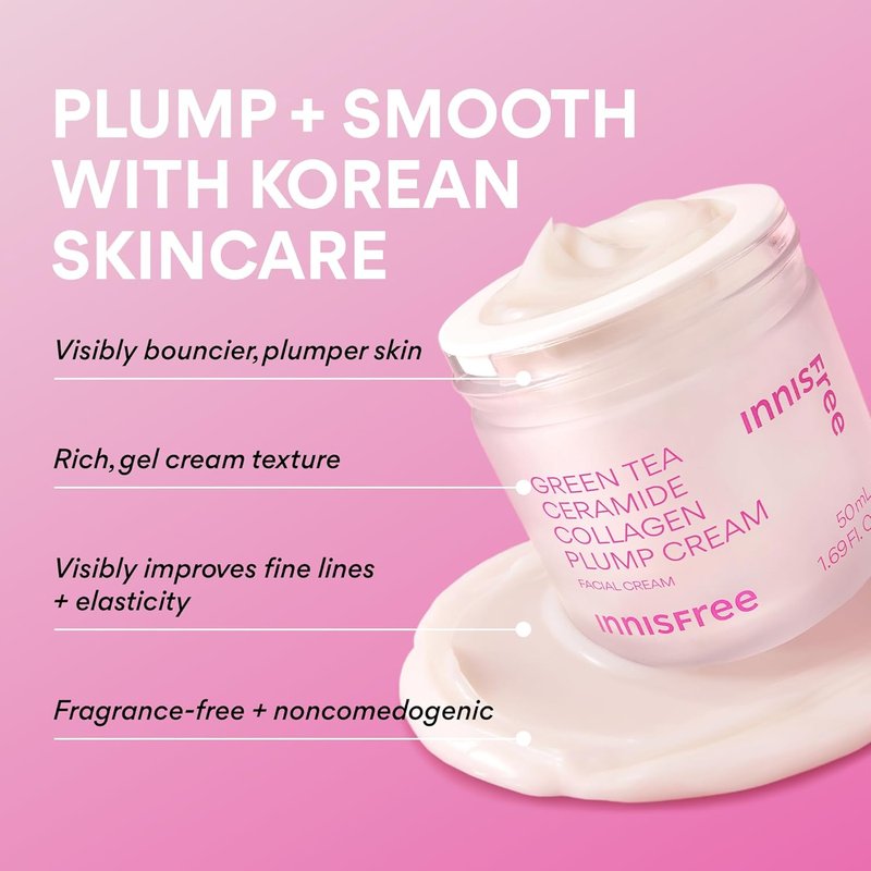Innisfree Green Tea Ceramide Collagen Plump Cream - Korean Face Moisturizer for Youthful Skin Glow