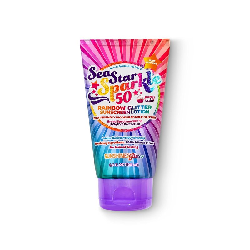 Rainbow Party Cake Scented Glitter Sunscreen - SPF 50, Biodegradable & Water Resistant | 3.4oz Kids Lotion