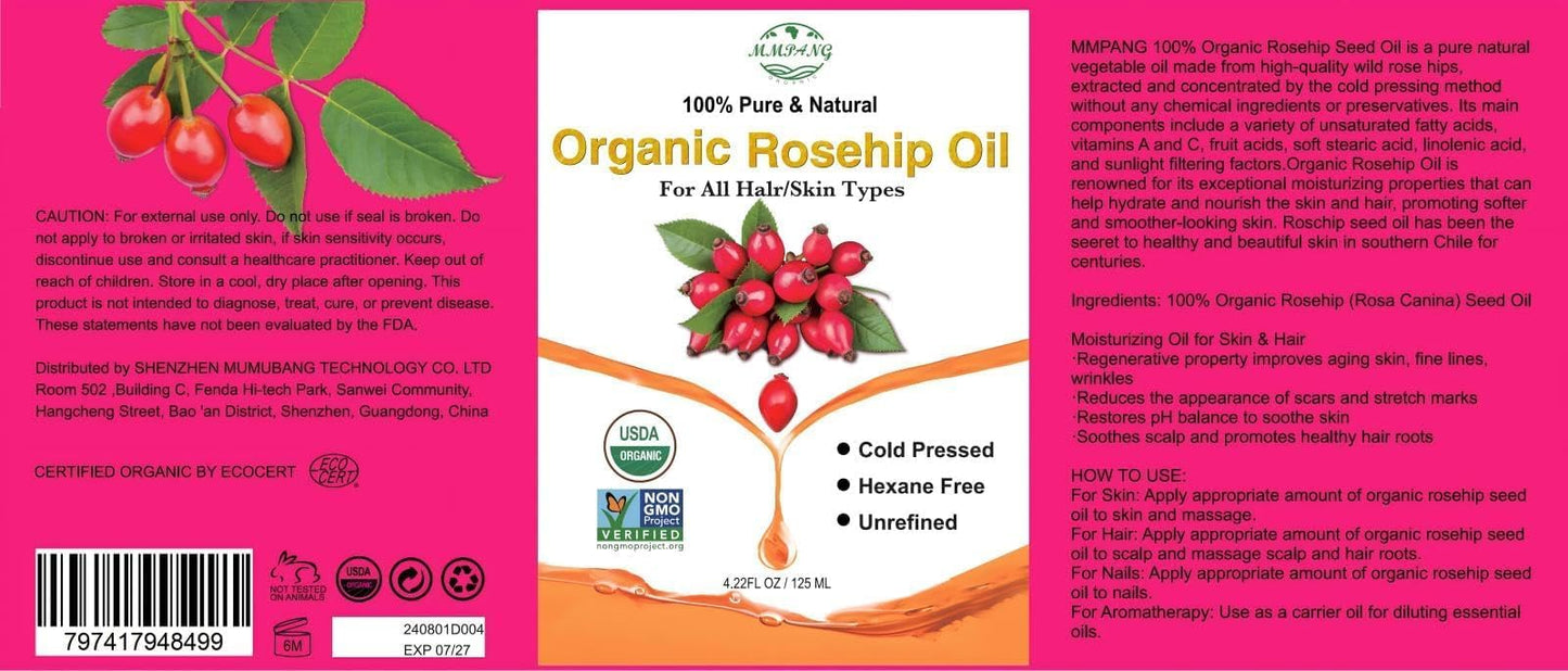 MMPANG Rosehip Oil for Face, Skin & Body, Organic USDA Certified, Cold Pressed, Extra Virgin, Hexane Free Pure Natural Rosehip Seed Oil for Anti-Aging,Skin & Hair Care (4.22 oz/125 ml)