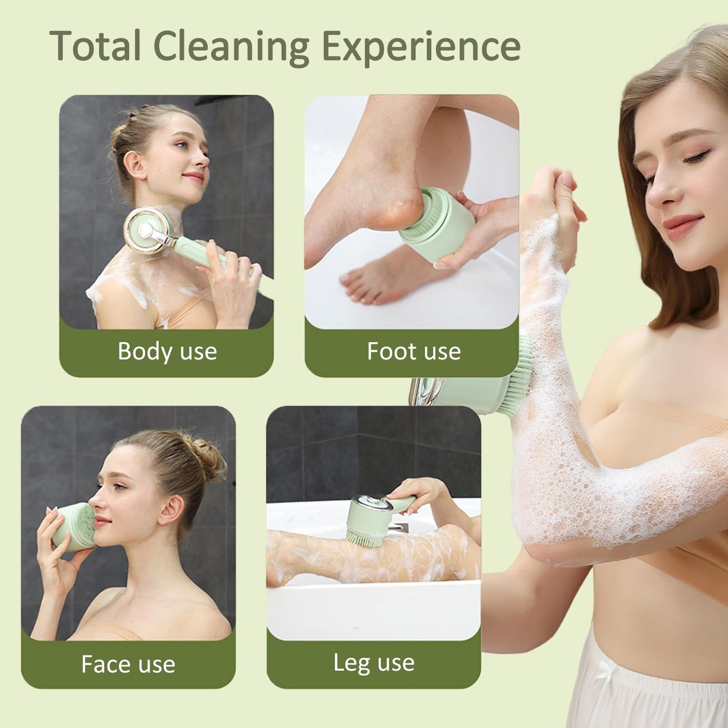 5-in-1 Electric Cleansing Brush, Rechargeable Body Brush with Long Handle, IPX7 Waterproof Back Scrubber with 3 Intensities Adjustable for Cleansing, Exfoliation, Foot Scrubbing and Massage (Green)