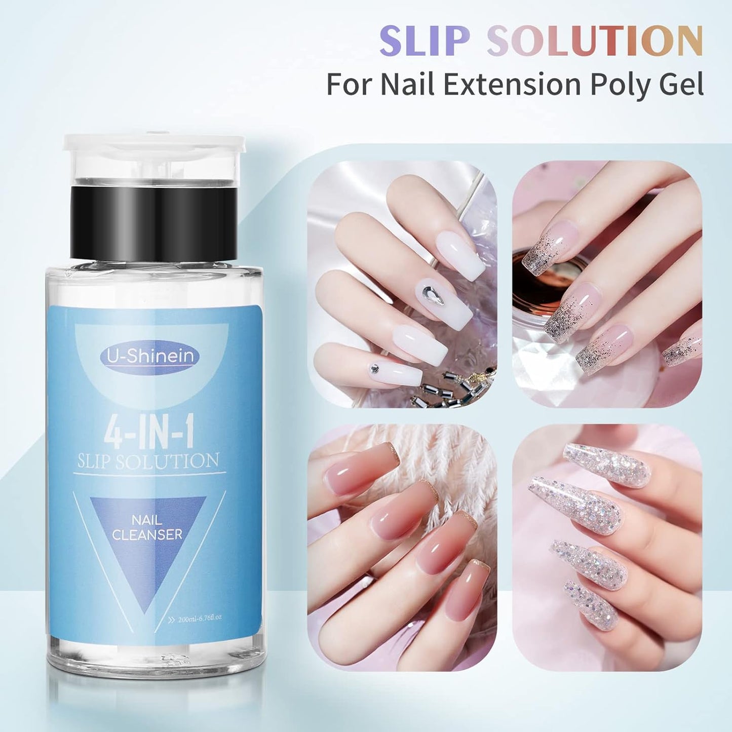 Nail Slip Solution 200ml - 4-in-1 Poly Nail Gel Builder Liquid | Nail Cleaner & Remover with Brush