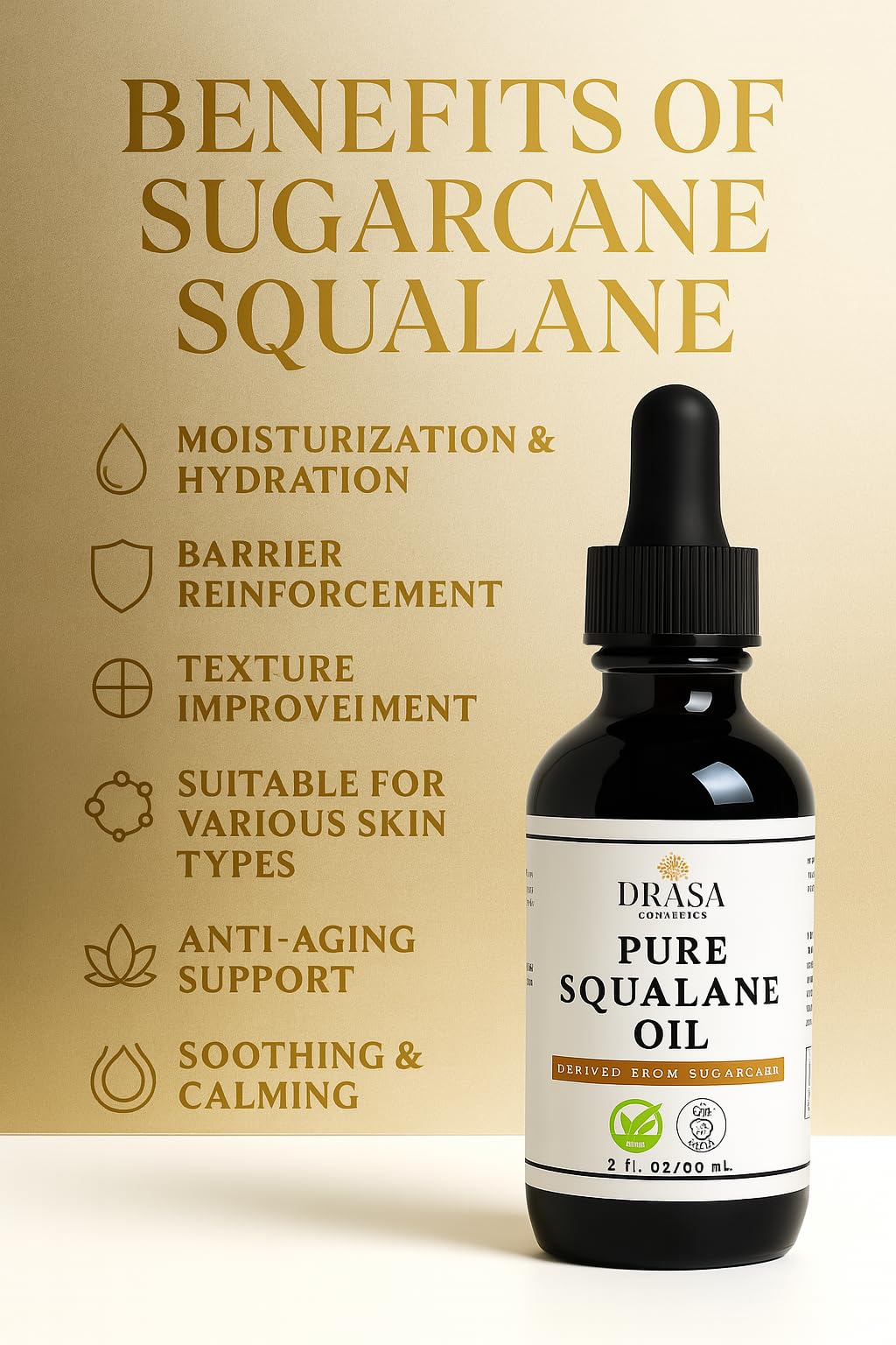 DRASA Cosmetics Pure Squalane Oil Moisturizer with 100% Sugarcane Derived Squalane for Face, Body, Skin and Hair - Face Oil 2 fl. oz.