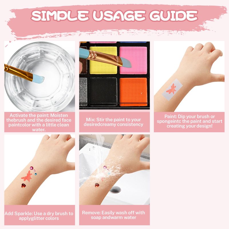 KNLDEFV 54 Color Kids Face Painting Kit, Non Toxic Water Activated Face Paint Palette with Stencils, Brush, Sparkle Gems. Perfect for Birthday Parties, Carnival, Costume Makeup