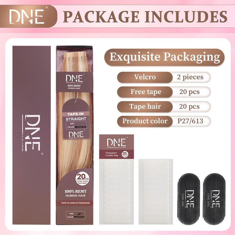 DNE Tape in Hair Extensions Real Human Hair 16 inches 20Pcs/50g/Pack Seamless #27/613 Light Color Straight Invisible Double Sided Tape in Hair Extensions for Women/Girls Can Bleached and Curl