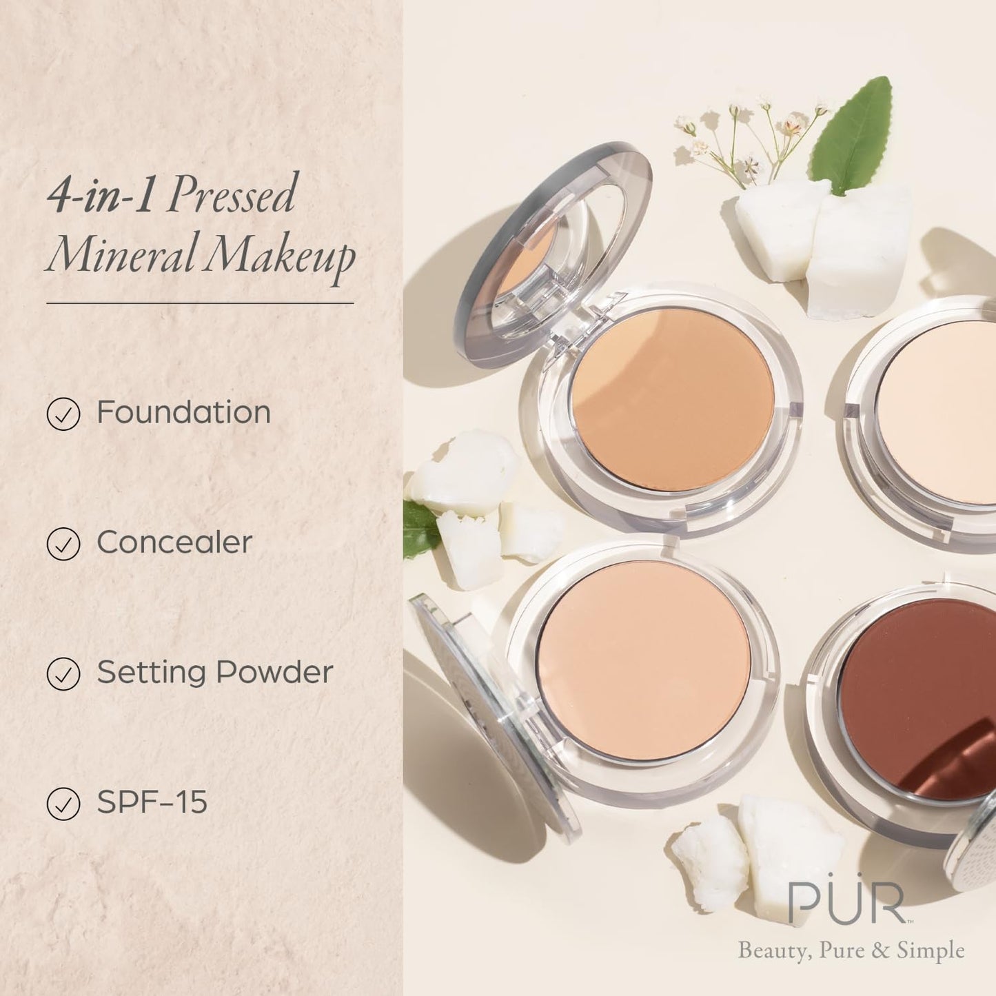 PUR Beauty 4-in-1 Pressed Mineral Makeup Powder Foundation with SPF 15 - Concealer & Finishing Compact Pressed Powder for Face - Buildable Medium to Full Coverage Foundation Powder (Coffee)