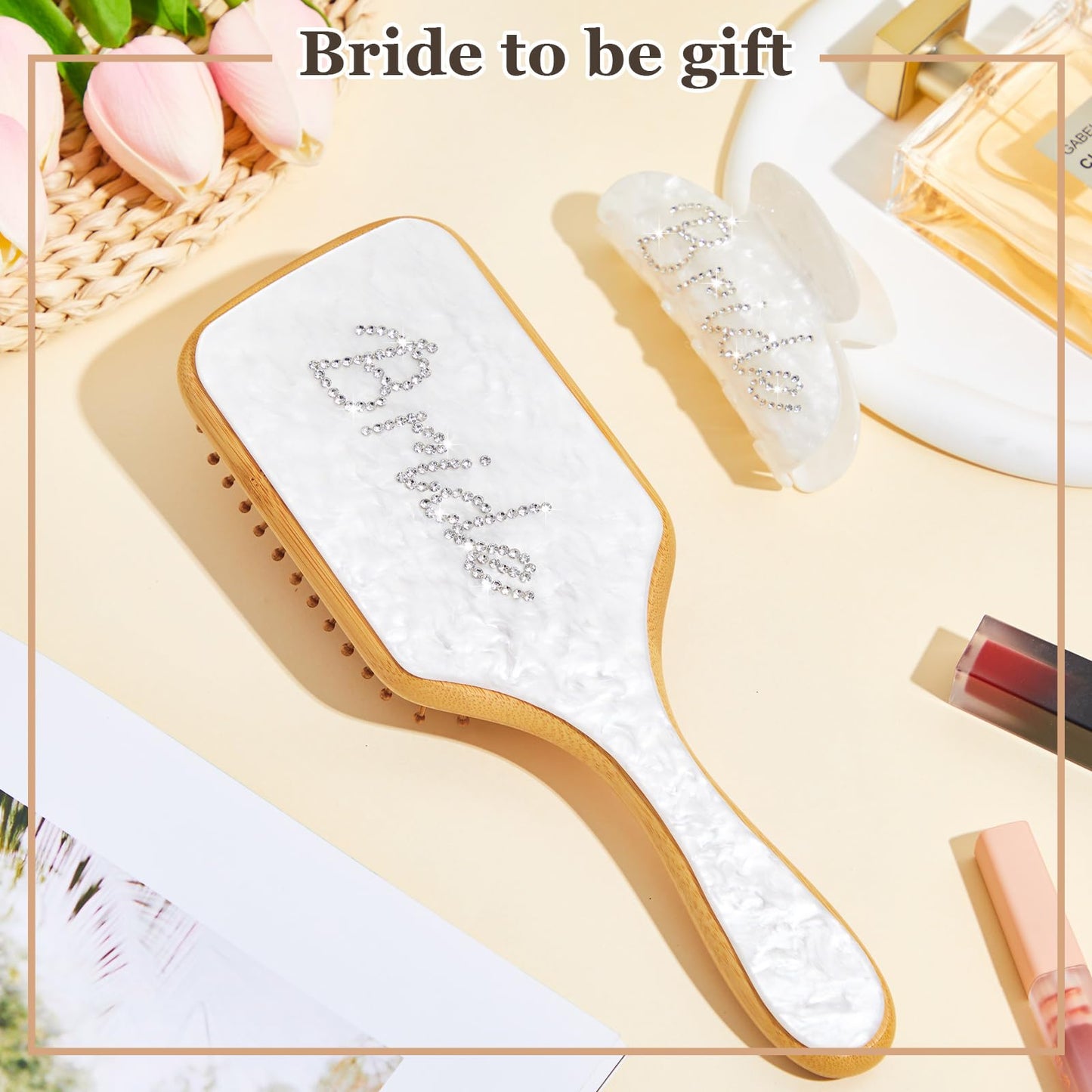 Vicenpal 2 Pcs Bride to Be Gift Set White Wooden Paddle Brush & Bridal Hair Claw Clip with Sparkling Rhinestone Bride Details Bridal Shower Gift for Bachelorette Party Wedding Accessories