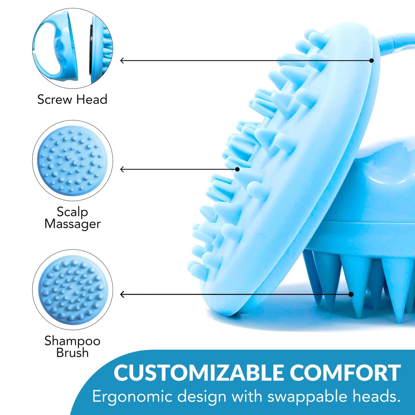 Hair Scalp Massager and Shampoo Brush by Flathead Products - for Shower Dandruff Removal - Wet and Dry Use - Encourages Growth - Includes 2 Massage Removal Heads | Blue