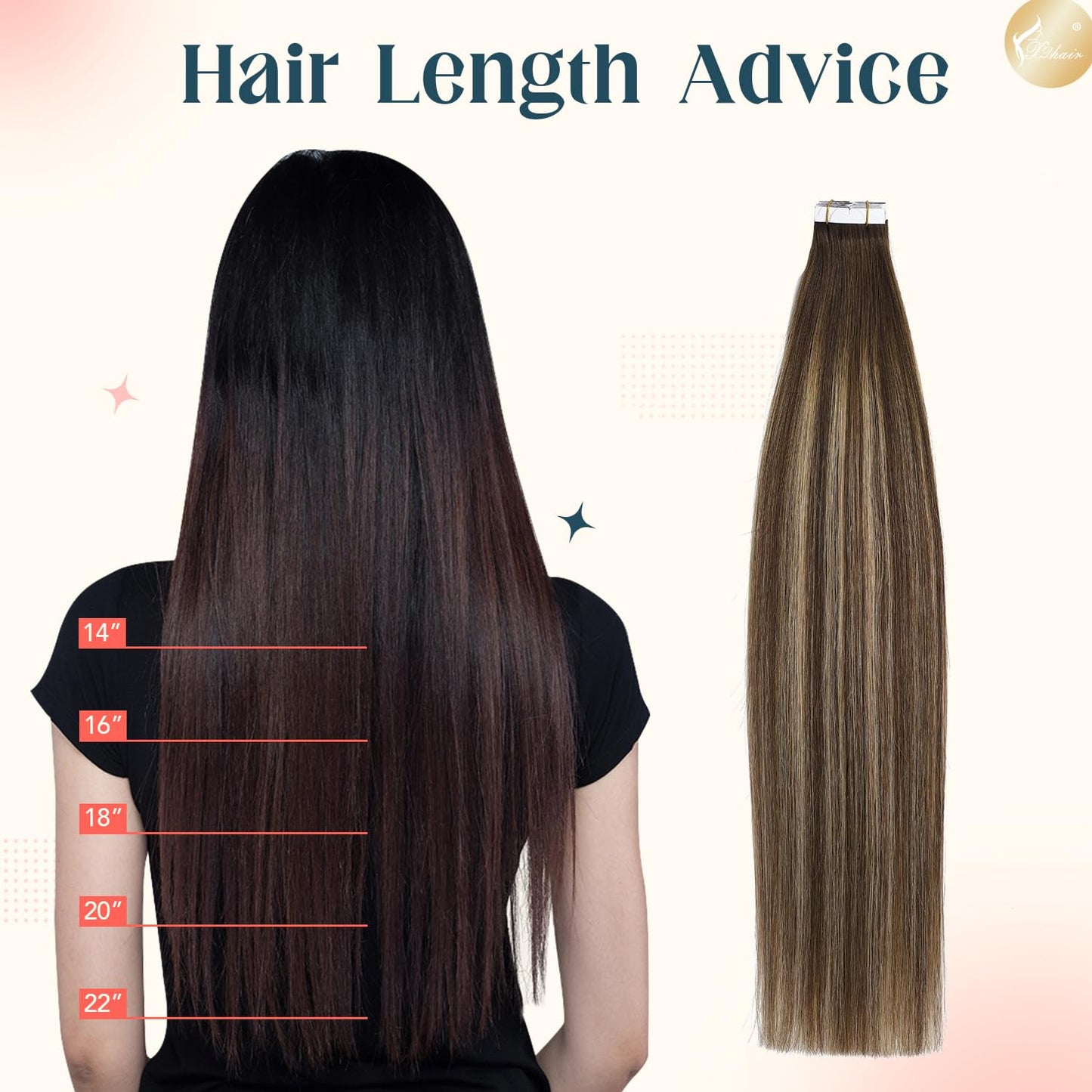 XDhair Tape in Hair Extensions Human Hair 20pcs 50g Balayage Chocolate Brown to Caramel Blonde with Chocolate Brown Roots Invisible Tape in Extensions for Women(14, #4/27/4)