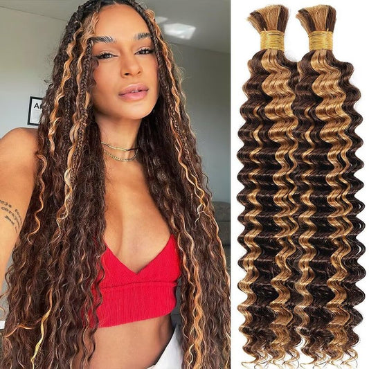 Human Braiding Hair for Boho Braids 100g 18 Inch Ombre Highlight Curly Boho Hair for Braiding Knotless 12A Deep Wave Bulk Bohemian 2 Bundles/Pack Color P4/27