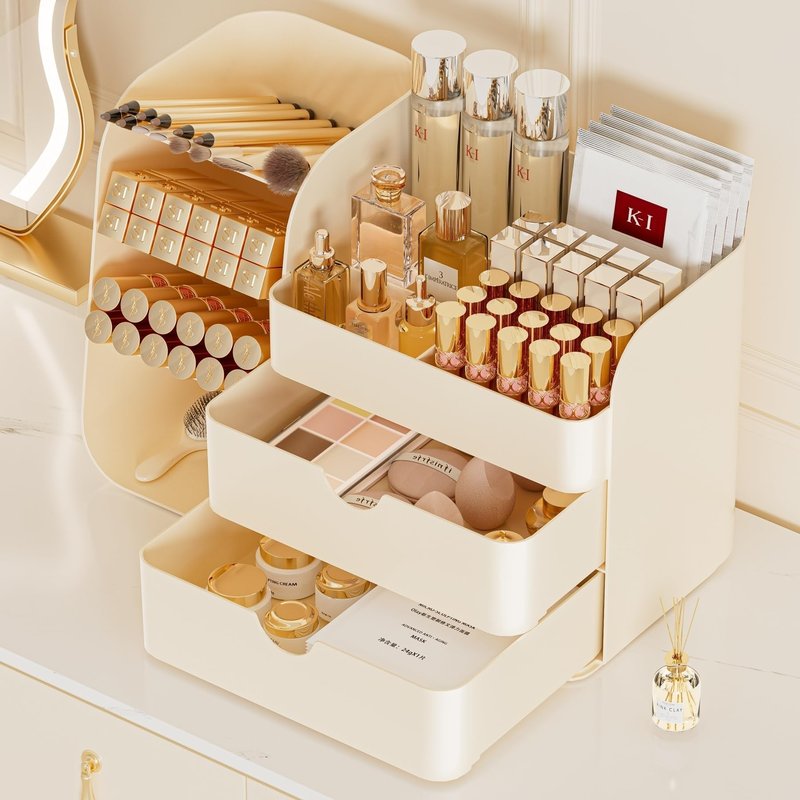 KQJS Makeup Organizer with Drawers,Large Capacity Countertop Organizer for Vanity,Bathroom and Bedroom Desk Cosmetics Organizer,Easy To Storage Skincare,Brushes,Lotions,Lipstick (All Cream)
