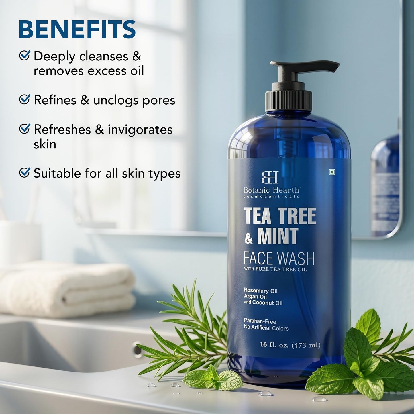 Botanic Hearth Tea Tree Face Wash With Mint | Acne Fighting, Premium, Hydrating Liquid Face Soap With Pure Tea Tree Oil | For Women And Men, Paraben Free, Fights Acne | 16 Fl Oz (Packaging May Vary)
