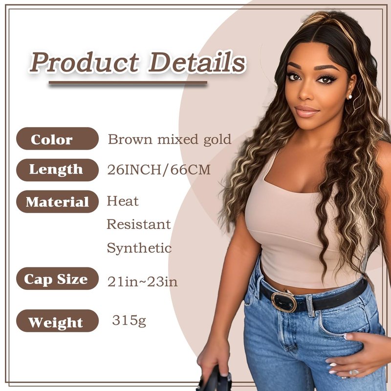 Lace Front curly Synthetic Wig for Women 32 Inch Long Deep Curly Wavy T part HD Transparent Glueless Lace wig Heat Resistant Fiber Pre Plucked Hairline with Baby Hair（Brown highlights）