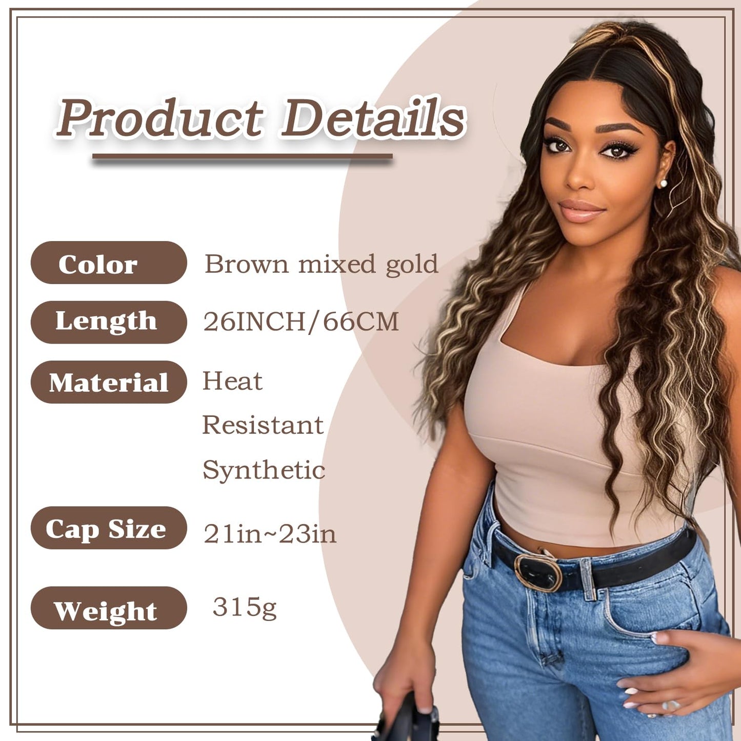 Lace Front curly Synthetic Wig for Women 32 Inch Long Deep Curly Wavy T part HD Transparent Glueless Lace wig Heat Resistant Fiber Pre Plucked Hairline with Baby Hair（Brown highlights）