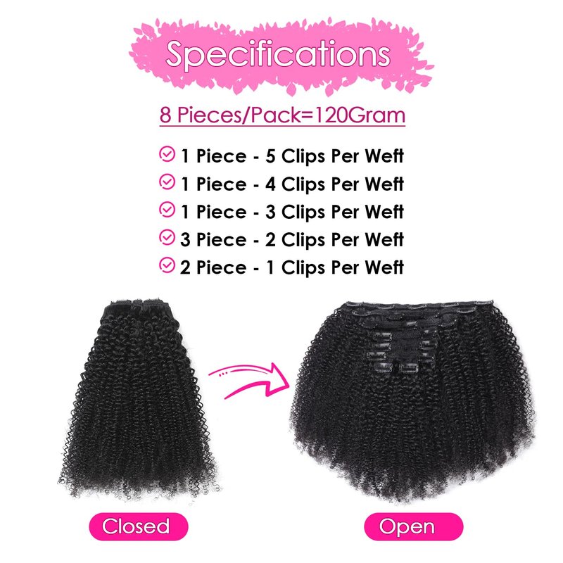 Afro Kinky Curly Clip Ins Human Hair Extensions for Black Women 8Pcs 20 Clips 100% Remy Virgin Hair 120g 3C 4A Natural Black Double Weft Thick Ends 10 Inch